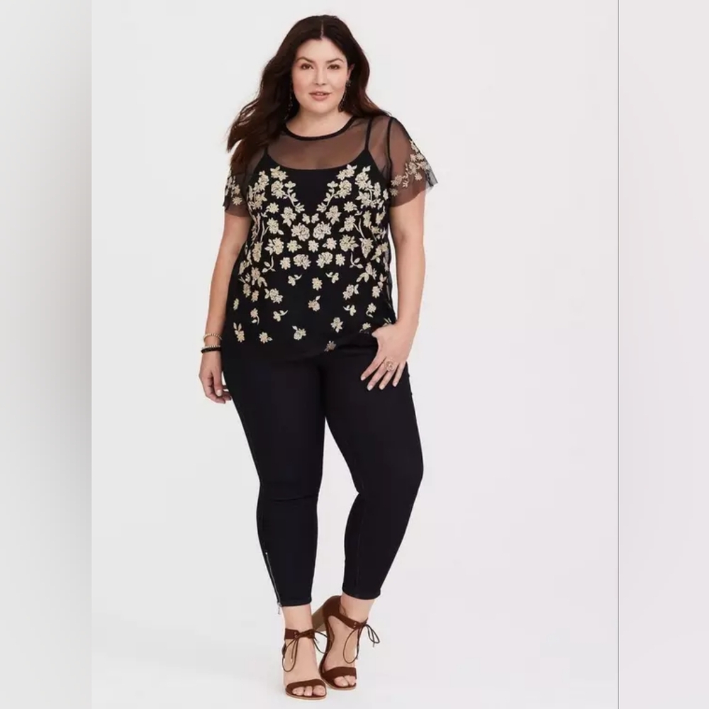 Torrid Black Top with Gold Floral Accents